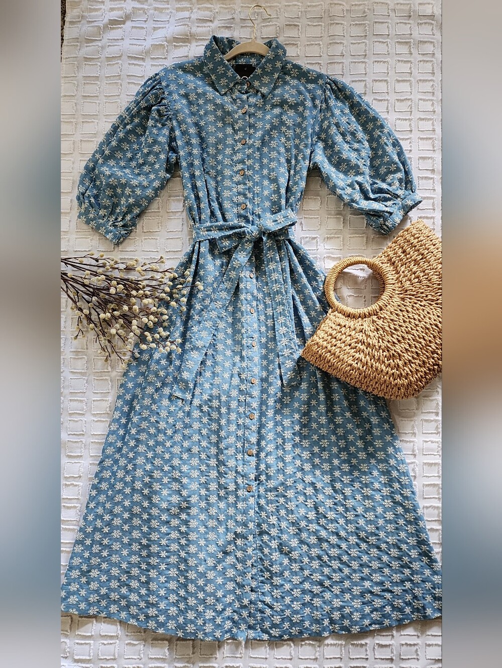 Blue Floral Button-Front Maxi Dress with Tie Waist